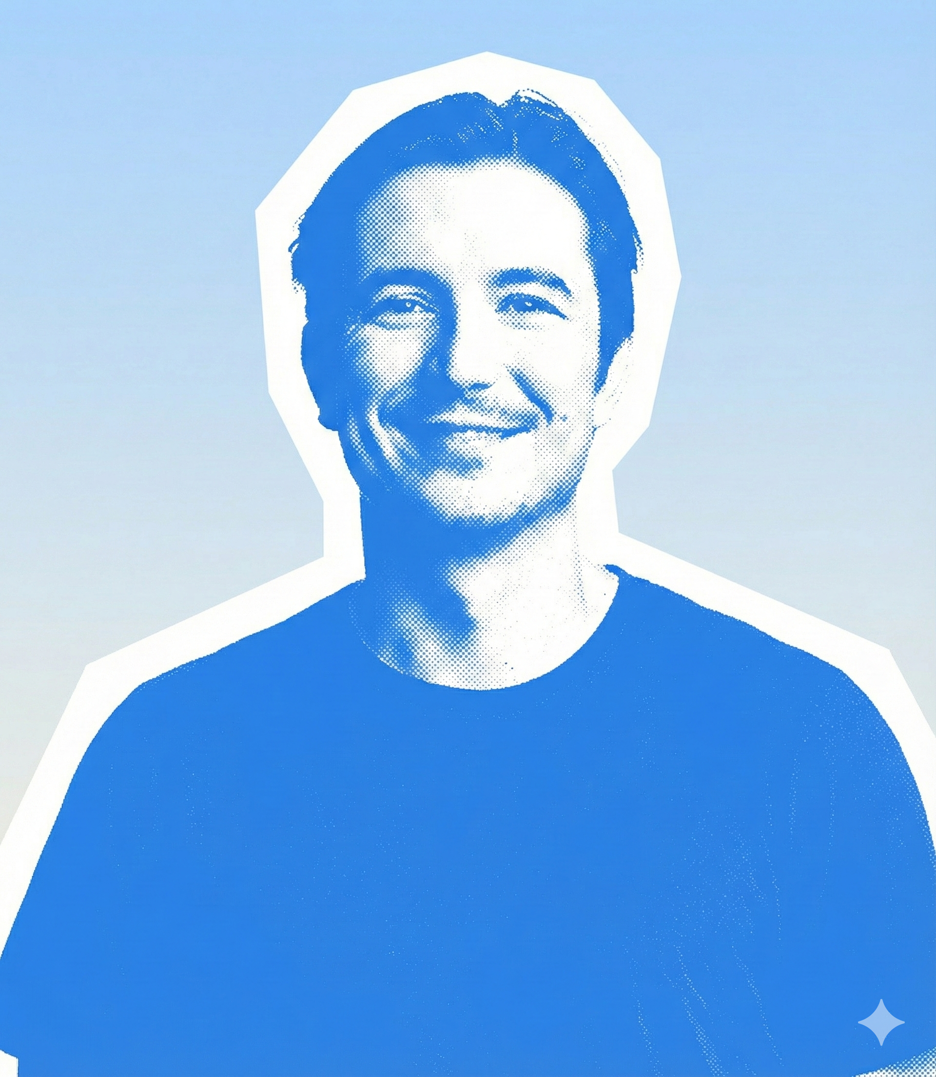 Stylized blue duotone portrait of a person facing the camera with arms crossed